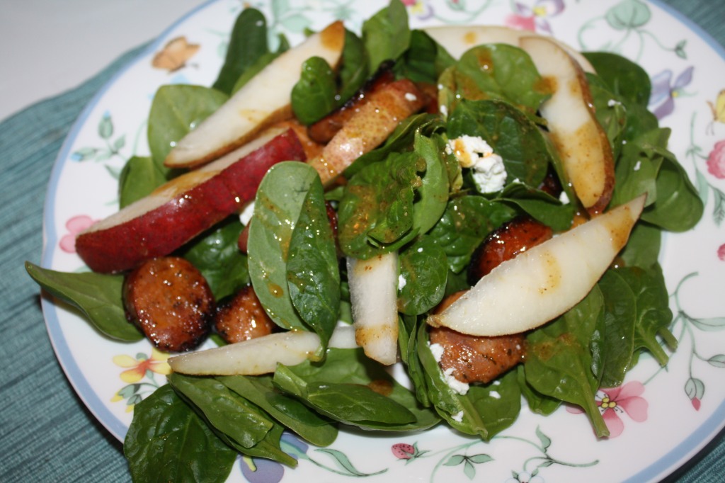Pear & Chicken Sasuage Spinach Salad